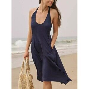 By Anthropologie Scoop-Neck A-Line Midi Dress Sleeveless Navy Beach XS 281631